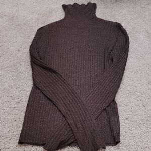 Ribbed  Sheer  Metallic Brown Turtleneck Top